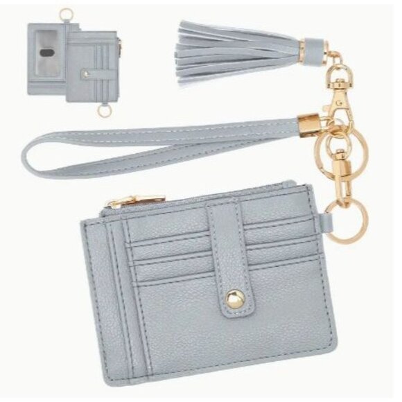 Grey RFID Blocking Leather Card Holder Wallet With Tassel & Keychain Wristlet NE - Picture 1 of 5